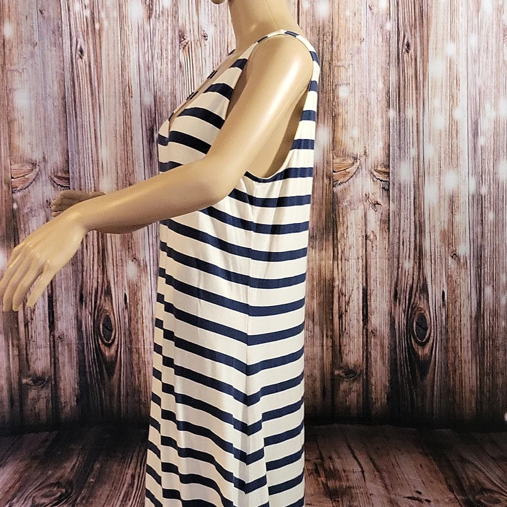 Garnet Hill Women's Sleeveless Navy & Cream Striped Maxi Dress Size M - Picture 7 of 12